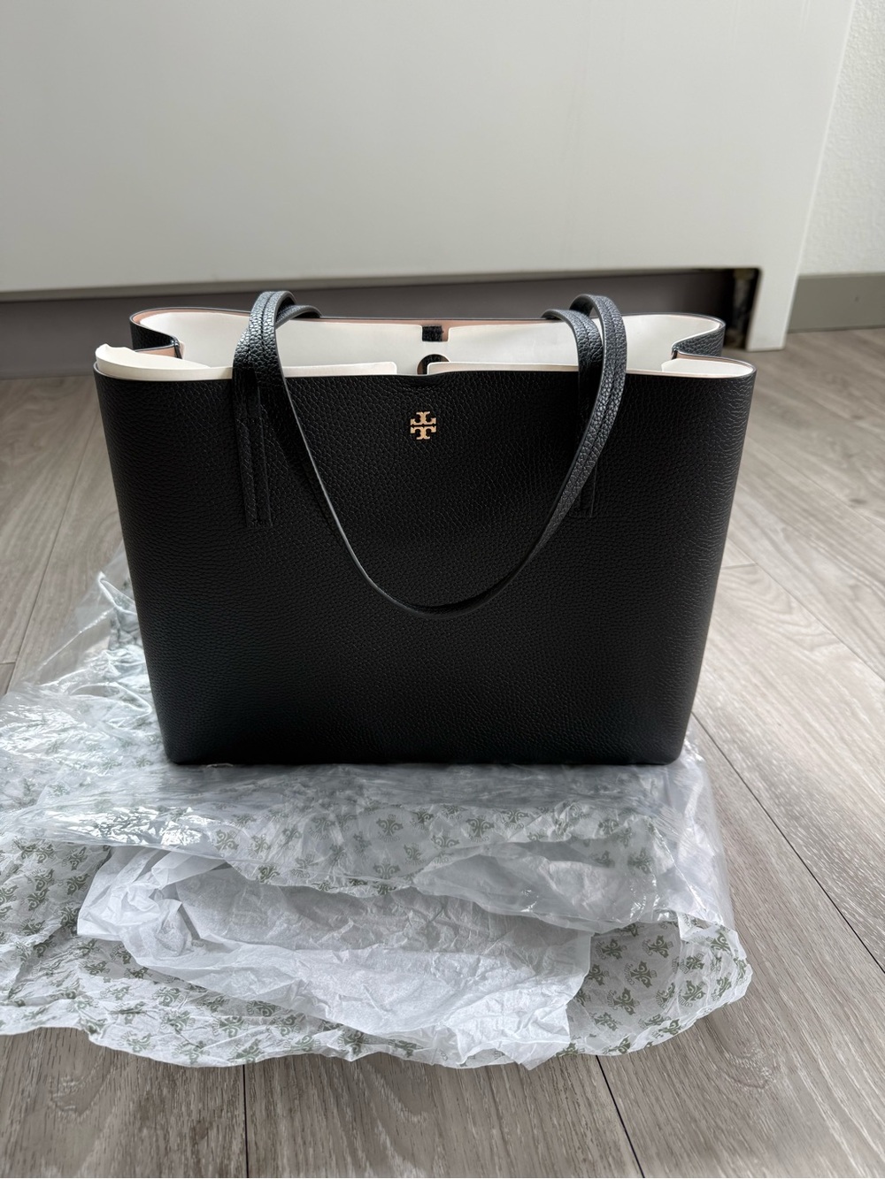 Tory Burch Black Pebbled Leather Tote with Gold Logo